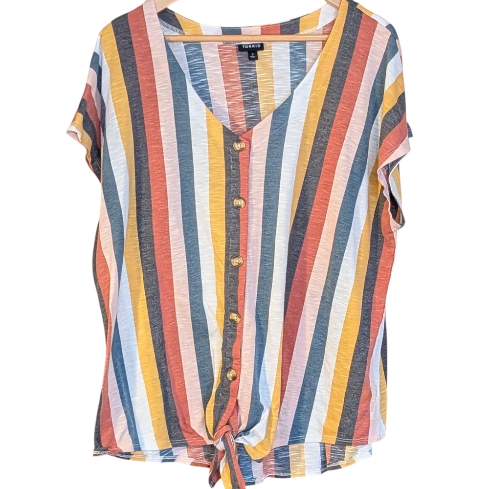 Torrid Multicolor Striped Button-Down Shirt 3X Tie Front Casual Leisure